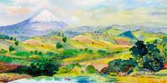 游客划船的湖山富士和山范围与农业附近木房子日本春天季节水彩绘画景观插图受欢迎的著名的具有里程碑意义的的亚洲