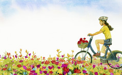 浪漫的明信片与骑自行车黛西花园水彩景观绘画色彩斑斓的场花和文本蓝色的天空云背景手画插图美春天季节