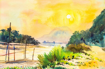 水彩Lanscape绘画黄色的橙色颜色日落天空和云背景原始绘画画印象派半摘要图像秋天树
