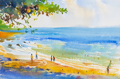 水彩原始海景绘画色彩斑斓的海滩和沙子情感克劳德背景