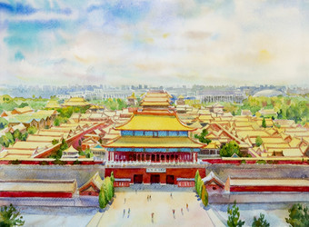 绘画著名的具有里程碑意义的旅游位置北京被禁止的城市风景中国水彩绘画景观色彩斑斓的体系结构高角视图手画插图