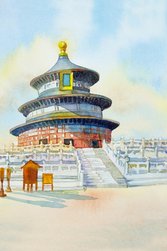 绘画寺庙天堂著名的具有里程碑意义的旅游位置北京城市风景中国水彩绘画景观色彩斑斓的体系结构角视图画插图旅行概念