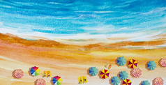 绘画水彩海景前视图色彩斑斓的情人家庭假期和旅游夏天的多彩色的伞海波蓝色的背景画印象派摘要图像插图