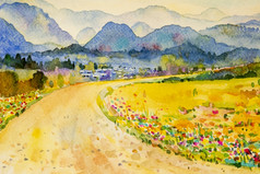 水彩景观绘画色彩斑斓的山和草地的全景视图和情感农村社会自然美天际线背景手画半摘要插图亚洲