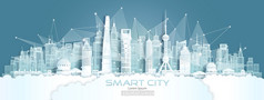 技术无线网络沟通聪明的城市与体系结构中国上海亚洲市中心摩天大楼蓝色的背景向量插图未来主义的绿色城市和全景视图