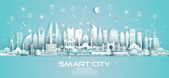 无线技术网络沟通聪明的城市和图标网络技术中间东摩天大楼蓝色的背景向量插图未来主义的绿色城市和体系结构全景视图