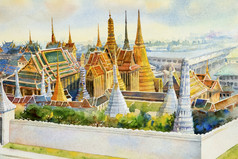 皇家大宫和什么phrakeaw曼谷泰国水彩绘画景观访问旅游位置美丽的寺庙的翡翠佛手油漆插图具有里程碑意义的亚洲