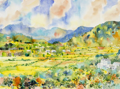 水彩景观绘画色彩斑斓的村山和草地的全景视图和情感农村社会自然秋天天空背景手画半摘要插图亚洲