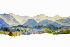 水彩景观绘画色彩斑斓的山草地与装饰的全景前视图和情感农村社会自然美惠蒂背景手画半摘要插图