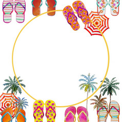 旅行夏天时间与海海滩拖鞋伞水彩绘画插图一对凉鞋与出售横幅市场白色背景集合设计元素孤立的文本空间