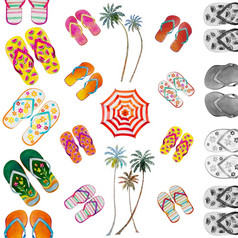 夏天时间与海海滩拖鞋伞椰子树水彩绘画插图一对凉鞋与模式白色背景集合设计元素孤立的配件