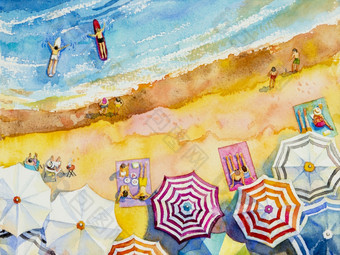 绘画水彩海景前视图色彩斑斓的情人家庭假期和旅游夏天的多彩色的<strong>伞</strong>海波蓝色的背景手画与广告<strong>海报</strong>插图