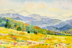 水彩景观绘画色彩斑斓的山和草地的全景视图和情感农村社会自然美天空背景手画半摘要插图亚洲