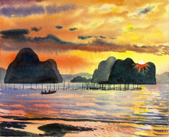 水彩景观绘画色彩斑斓的海景和情感黄色的橙色背景原始绘画