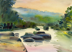 水彩原始景观绘画色彩斑斓的山河石头和情感黄色的橙色背景