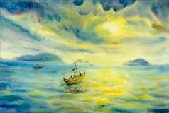 摘要水彩海景原始绘画色彩斑斓的钓鱼船家庭生活方式和情感太阳能云背景画印象派插图