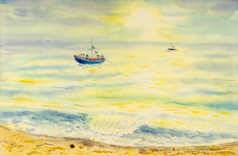水彩景观原始绘画色彩斑斓的海景和钓鱼船家庭情感太阳和云底背景