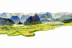 绘画水彩景观原始村山山玉米田和草地农村手画插图孤立的白色背景美自然春天季节