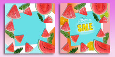 夏天出售背景布局为横幅绘画明亮的水果西瓜柠檬叶水彩绘画色彩斑斓的插图海报壁纸产品打印趋势颜色背景