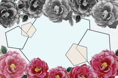 邀请卡情人节新一年卡与明亮的粉红色的灰色的黑色的玫瑰花框架文本在软背景水彩绘画插图古董概念经典风格