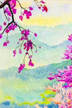绘画景观水彩原始色彩斑斓的野生喜玛拉雅樱桃的美丽山朗和情感蓝色的天空背景