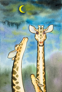 水彩绘画插图可爱的卡通长颈鹿蓝色的天空与的月亮背景