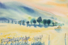 水彩原始景观绘画许多牛群牛黄色的草原和旁边的背景