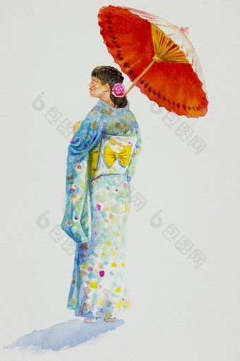 亚洲女人《京都议定书》日本舞妓艺妓穿日本传统的和服与伞绘画水彩纸插图孤立的白色背景画原始图像