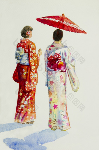 亚洲女人《京都议定书》日本舞妓艺妓穿日本传统的和服与红色的伞绘画水彩纸插图孤立的白色背景画原始图像