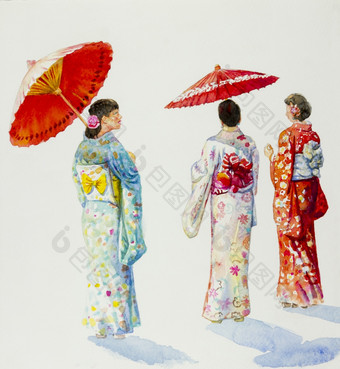 亚洲女人《京都议定书》日本舞妓艺妓穿日本传统的和服与红色的伞绘画水彩纸插图孤立的白色背景画原始图像