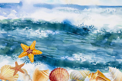 夏天时间水彩海景绘画色彩斑斓的海海滩波和海星壳牌和情感夏天的假期的早....明亮的自然美季节手画设计插图