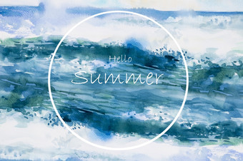摘要背景夏天概念水彩海景绘画色彩斑斓的海海滩波手画纹理设计插图与背景明信片海报产品广告