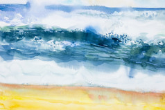 摘要背景夏天概念水彩海景绘画色彩斑斓的海海滩波手画纹理设计插图与背景明信片海报产品广告