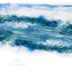 摘要蓝色的背景夏天概念水彩海景绘画色彩斑斓的海海滩波手画纹理设计插图与背景明信片海报产品广告