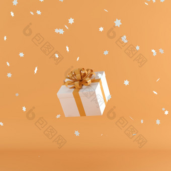白色礼物盒子与橙色颜色丝带橙色颜色背景最小的圣诞节newyear概念渲染
