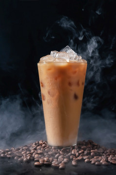 冰咖啡wiht牛奶高玻璃和咖啡豆子黑暗背景概念让人耳目一新夏天喝冰咖啡wiht牛奶高玻璃和咖啡豆子黑暗背景概念让人耳目一新夏天喝