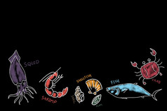 草图和画与画简单的数字图形插图设计海鲜菜单董事会与虾贝类蟹鱼和鱿鱼草图海鲜菜单黑色的董事会