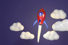 弹道发射红色的火箭与云黑暗蓝色的背景呈现