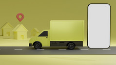 的黄色的卡车与白色屏幕移动电话模型在黄色的背景订单交付在线跟踪呈现