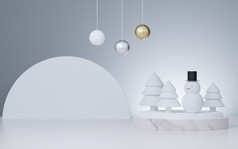 呈现工作室模拟圣诞节背景为产品演讲与圣诞节树雪男人。和装饰