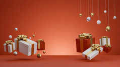 圣诞节和新一年问候横幅与红色的礼物盒子礼物呈现