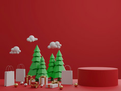 红色的背景与讲台上礼物盒子和圣诞节树为产品呈现