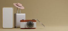 白色行李与白色屏幕移动模型太阳镜和相机在棕色（的）背景旅行概念呈现