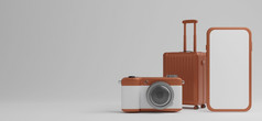 棕色（的）行李与白色屏幕移动模型和相机在白色背景旅行概念呈现