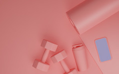 体育运动健身设备白色屏幕移动模型瑜伽席瓶水哑铃粉红色的颜色女概念呈现