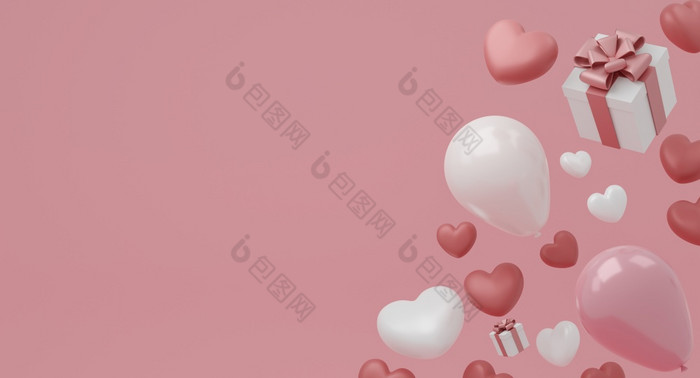 情人节rsquo一天概念粉红色的和红色的心气球和白色礼物盒子与丝带粉红色的背景呈现