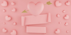 情人节rsquo一天概念粉红色的心气球与黄金箭头和横幅粉红色的背景呈现