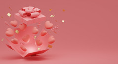 情人节rsquo一天概念粉红色的心气球礼物盒子与丝带粉红色的背景呈现