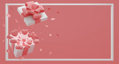 模拟礼物盒子与飞行气球心粉红色的颜色背景节日概念呈现