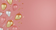 节日现实的黄金粉红色的和白色气球颜色与丝带和黄金闪闪发光的庆祝概念呈现